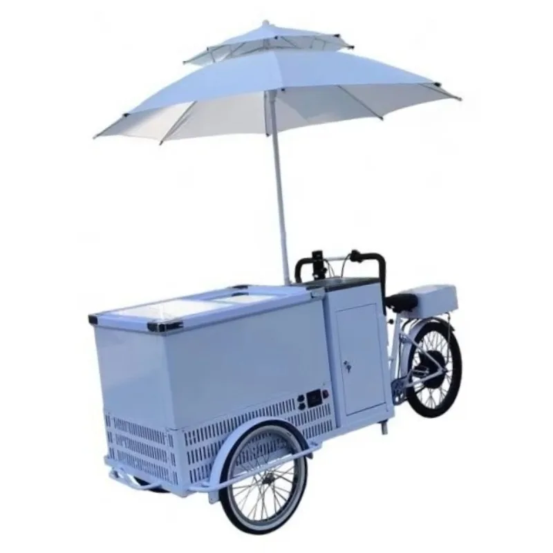 

Commercial Ice Cream Cart Cooler Tricycle Freezer Bicycle Cart Selling Juices and Ice Cream Mobile Food Cart With Wheels