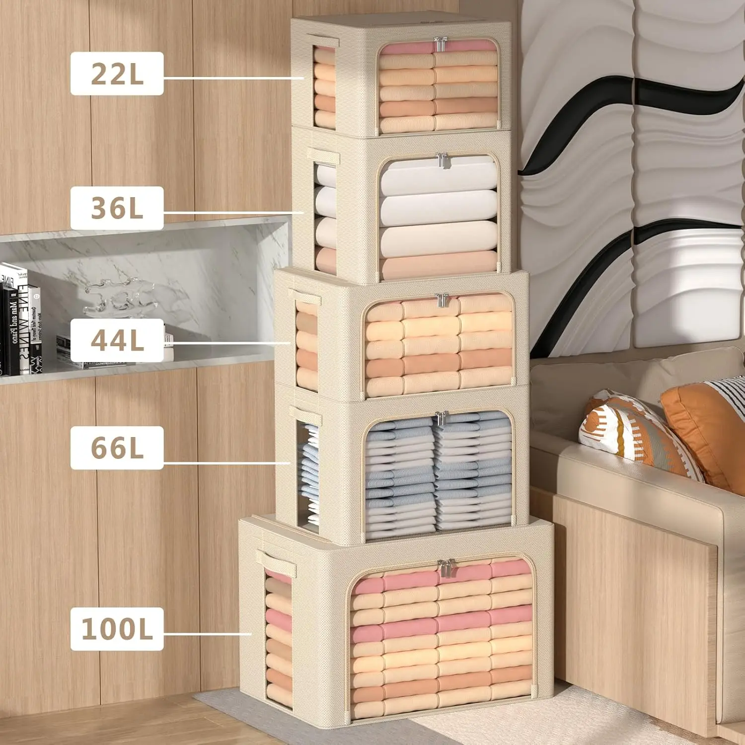 

4 Pack Clothes Storage Bins - Oxford Fabric Metal Frame Storage Box - Foldable Stackable Container Organizer Set With Clear