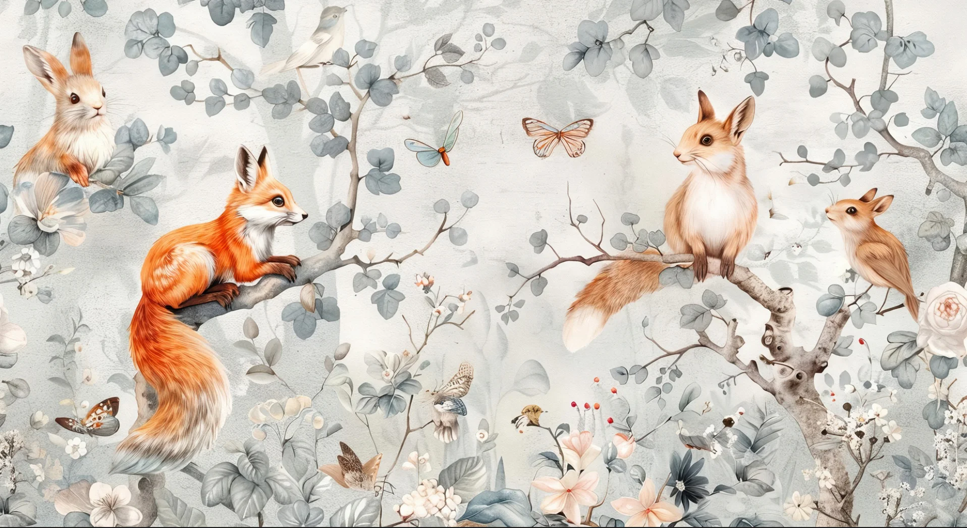 Customized Mural Wallpaper Hand Drawn Cartoon Forest with Cute Little Animals Children's House Background Wall Decoration Mural