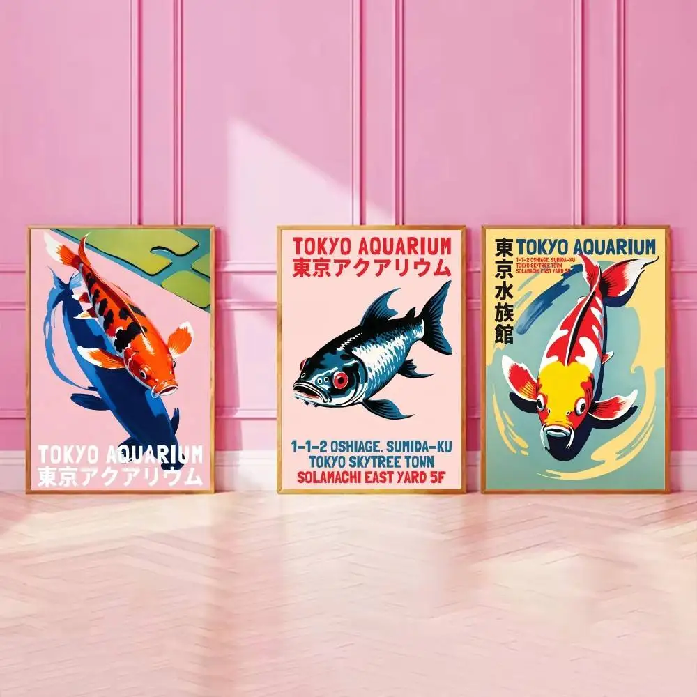 Tokyo Aquarium Koi Fish Paper Poster Vintage Japanese Travel Carp Color Wall Print for Japandi Room Kitchen Home Decor Unframed
