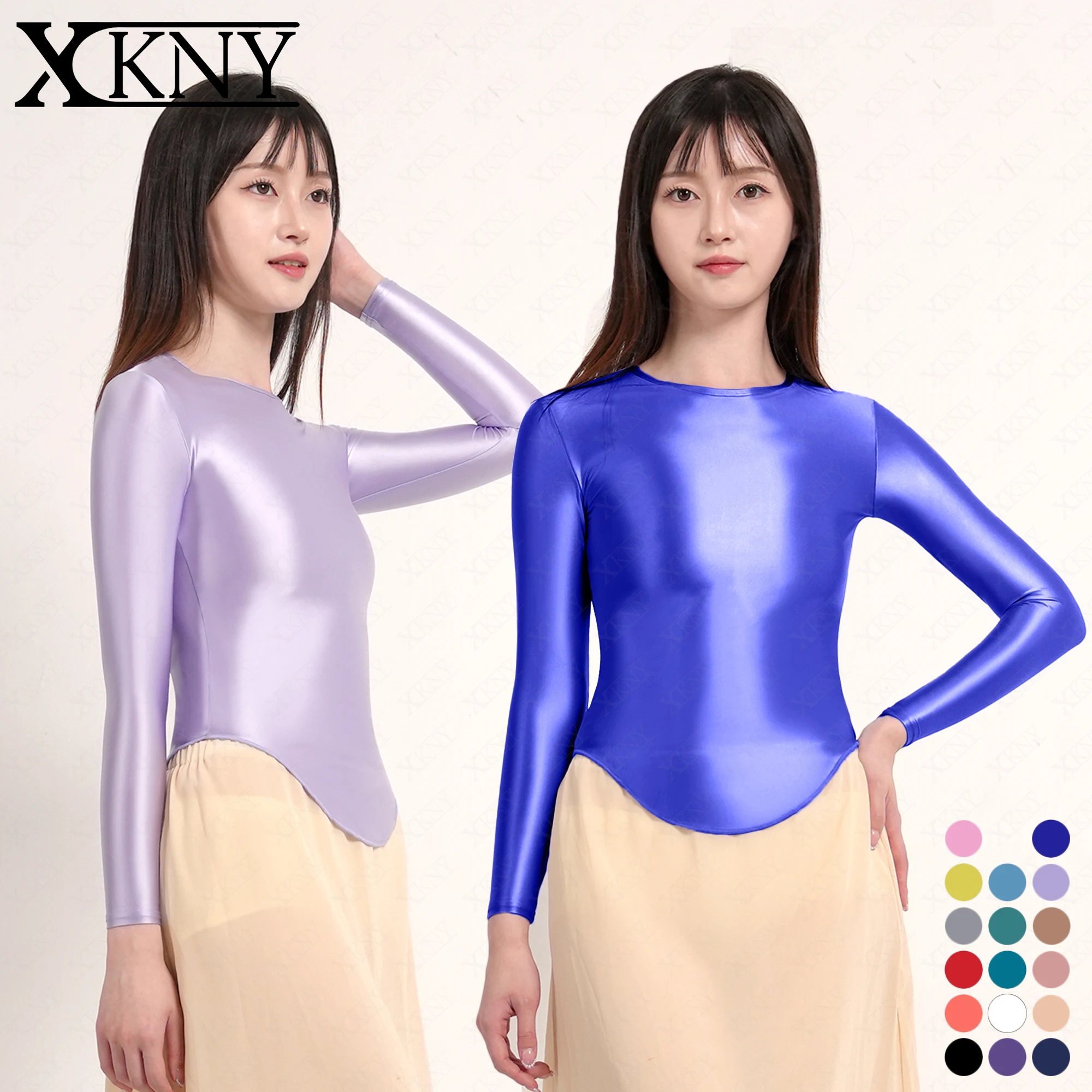 

XCKNY Satin glossy top oil shine bottoming shirt long sleevele Arc long sleeves sports Yoga swim Undershirt Leisure top