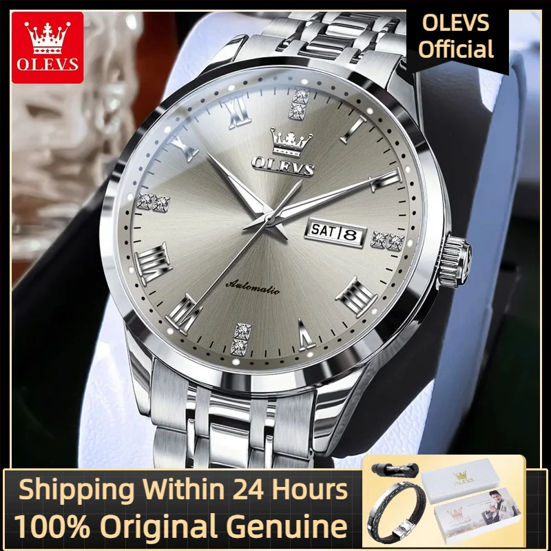 

OLEVS 7062 Автоматические механические часы для мужчин, новые серые часы с двойным календарем, мужские часы из нержавеющей стали