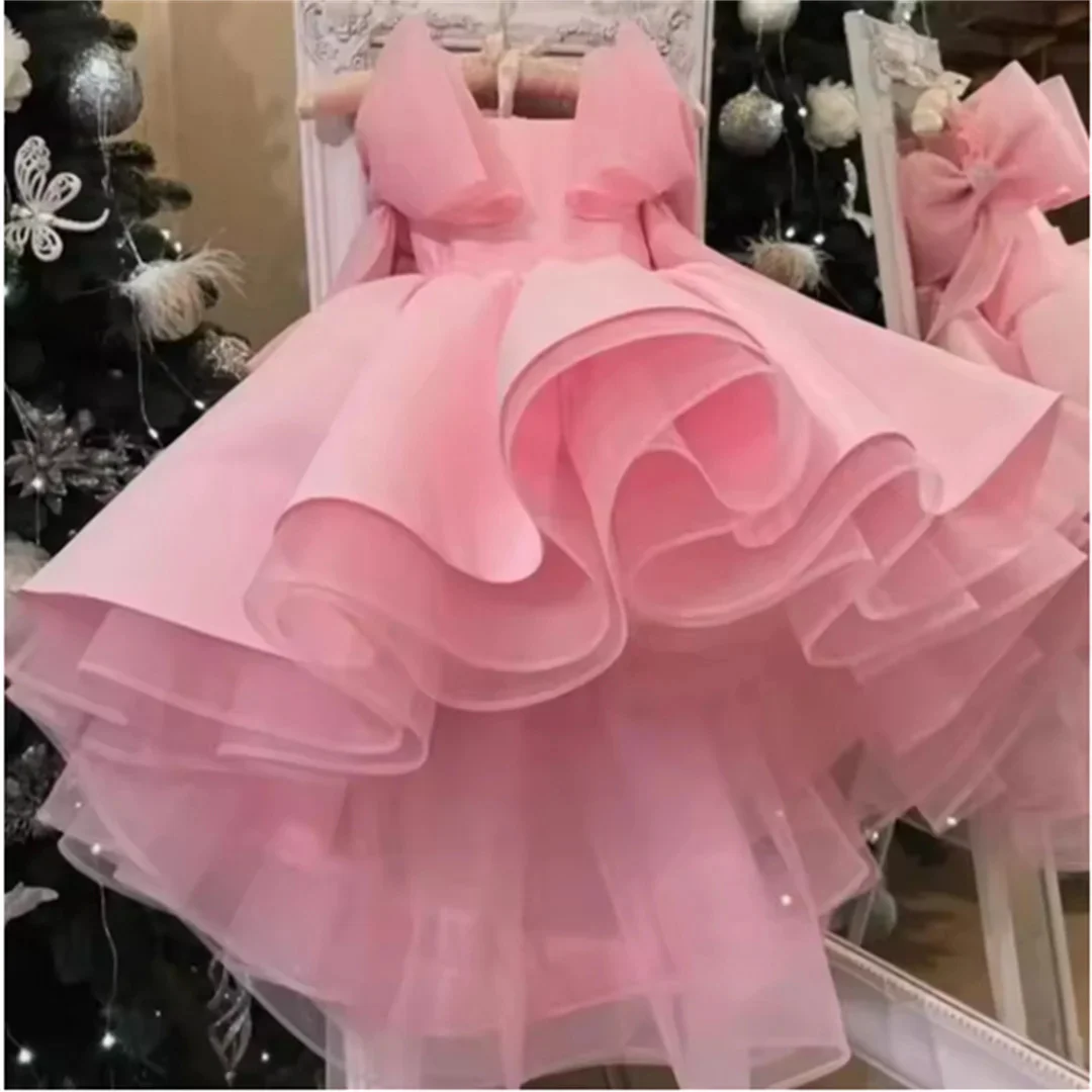 

Pink Flower Girl Dress for Wedding Sleeveless Off Shoulder With Bow Organza Puffy Kids Birthday First Communion Gowns Custom