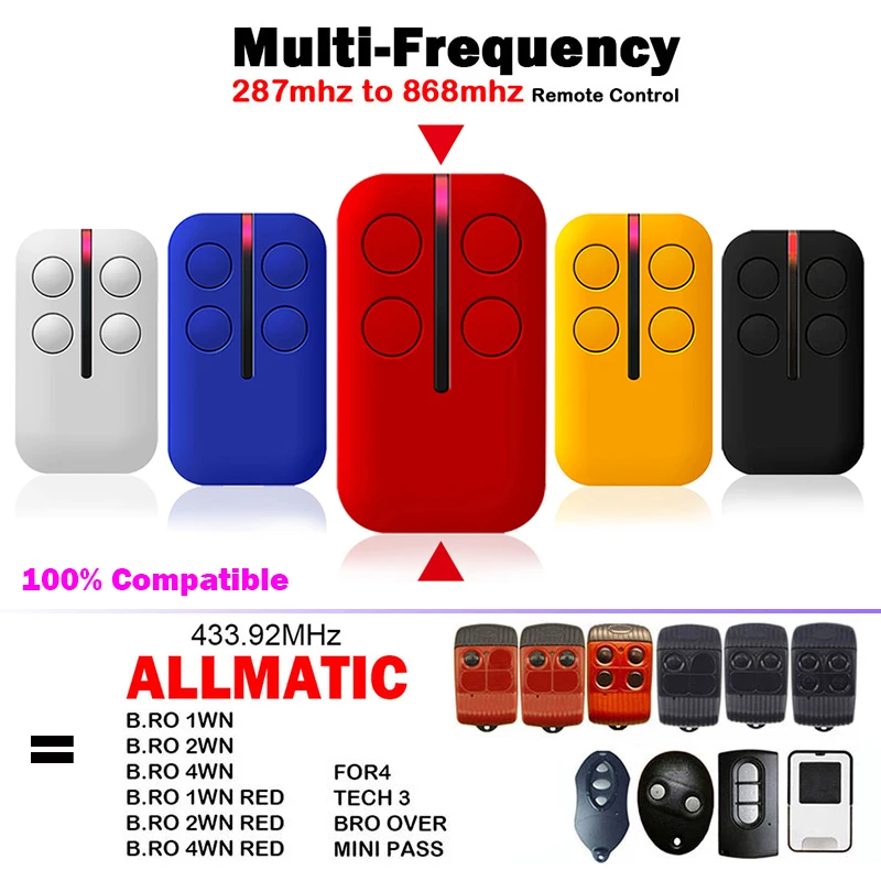 

For ALLMATIC B.RO 1WN 2WN 4WN RED FOR4 TECH 3 BRO OVER MINI PASS 433.92MHz Remote Control Garage Door Opener Gate Transmitter