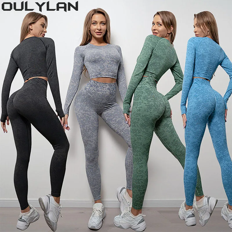 

Oulylan Gym Leggings Set Tie-Dye Seamless Yoga Sets Sports Fitness High Waist Hip Raise Pants Long Sleeve Suit Workout Clothes