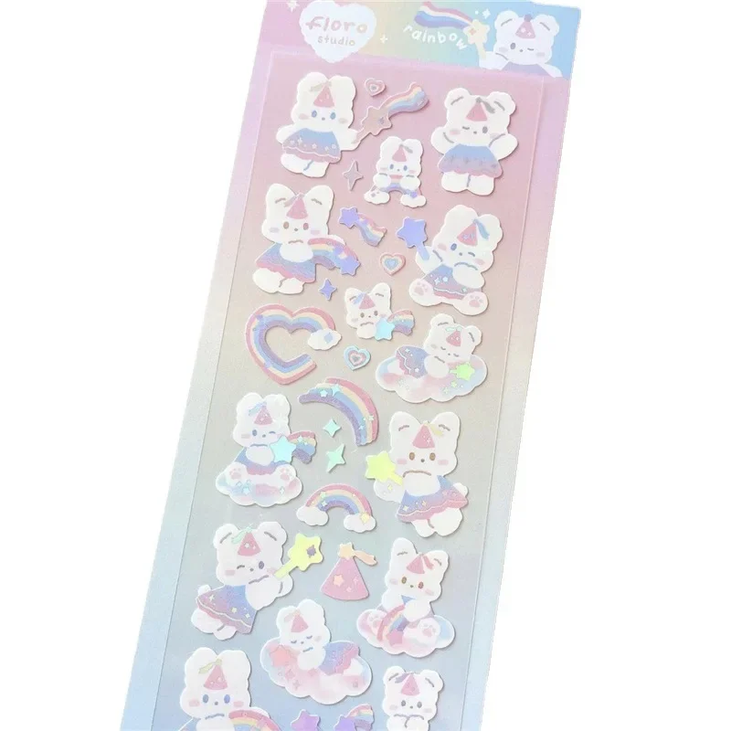 1 PC เกาหลีน่ารักสติกเกอร์ Kawaii Bling Bunny Rainbow Four-Leaf พุดดิ้งสติกเกอร์กันน้ําร้อนเงินสติกเกอร์สําหรับนักเรียน DIY Photo