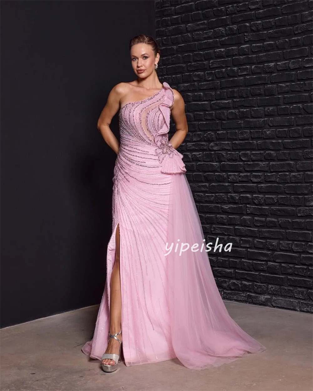 Sukienki koktajlowe syreny z tiulu, zdobione cekinami i koralikami, szyte na miarę, wykwintne, eleganckie, z jednym ramieniem, długie sukienki wieczorowe.