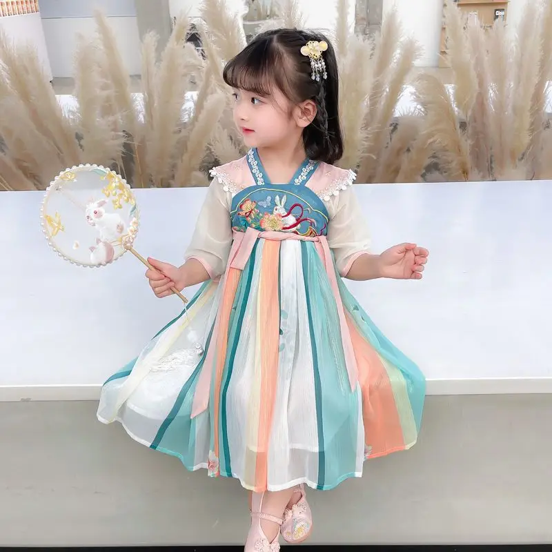 Girls Hanfu Summer Children\'s Embroidered Tang Dress Super Xianru Dress Little Girls Chiffon Western-style Ancient Dress