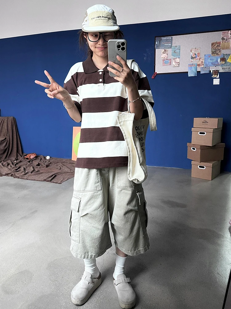 American Retro Workwear orts Men's Summer Straight Loose Wide Leg Light Casual Seven-Foot Pants M Model Cotton 00%