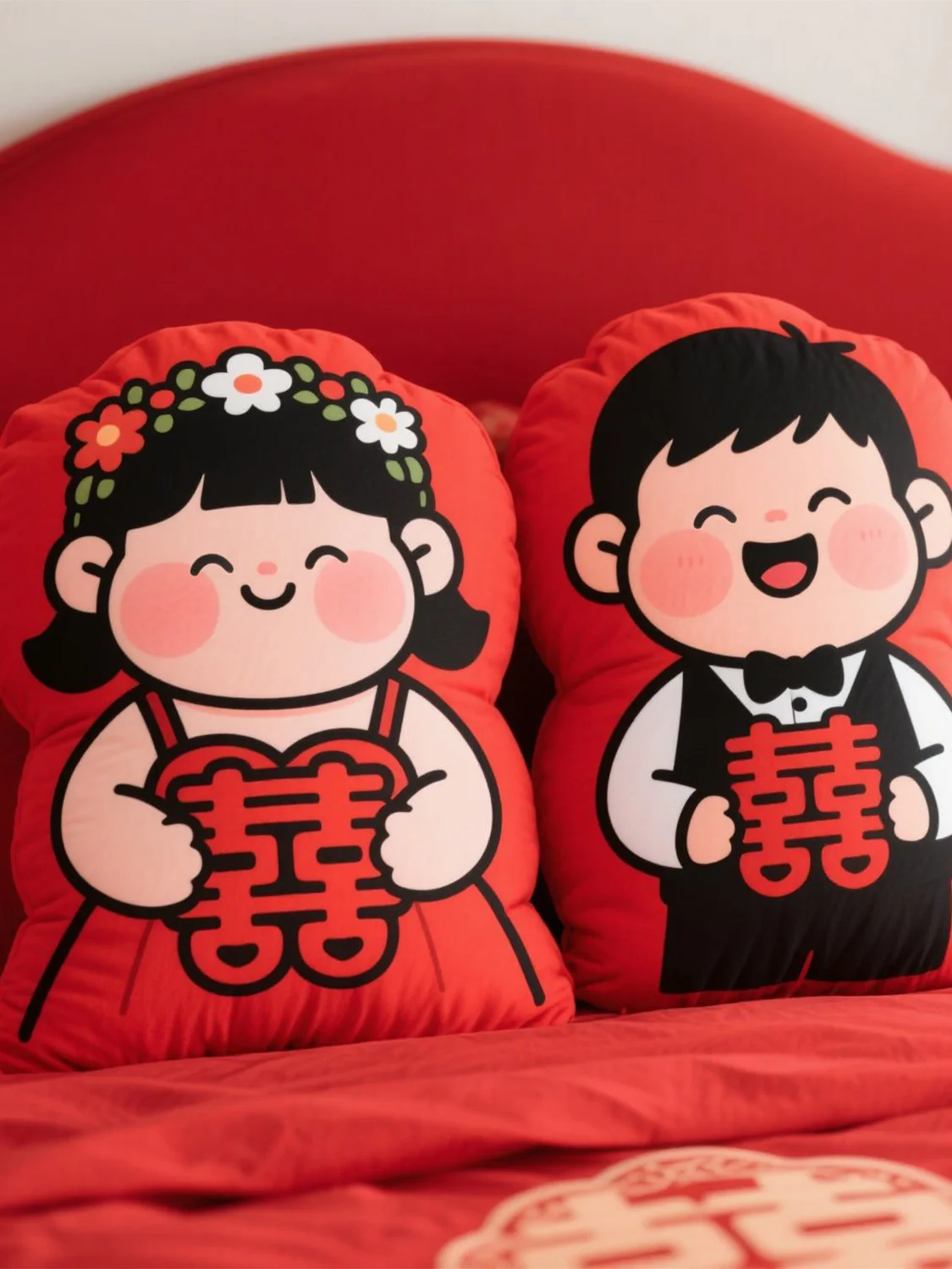 ダブルハピネスキャラクターウェディングドールカップル寝具クッション結婚式の部屋のお祝いのお祝いのおもちゃのための高級ギフト