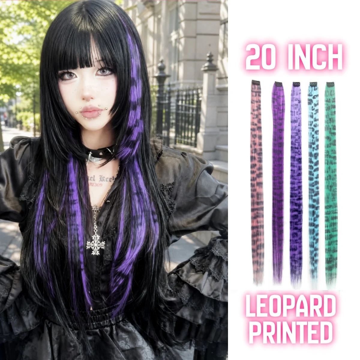 2/7 Peças de Apliques de Cabelo Sintético de 20 Polegadas com Estampa de Leopardo Colorida, com Clipe, para Festa de Halloween, Uso Diário e Copa do Mundo