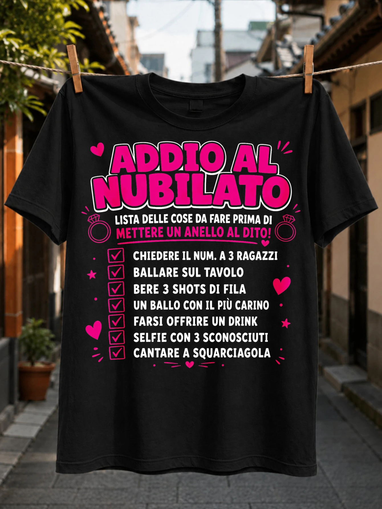 Bachelorette Party Checklist pink rings hearts checked challenges and bold Italian lettering bright  Unisex All T-Shirt