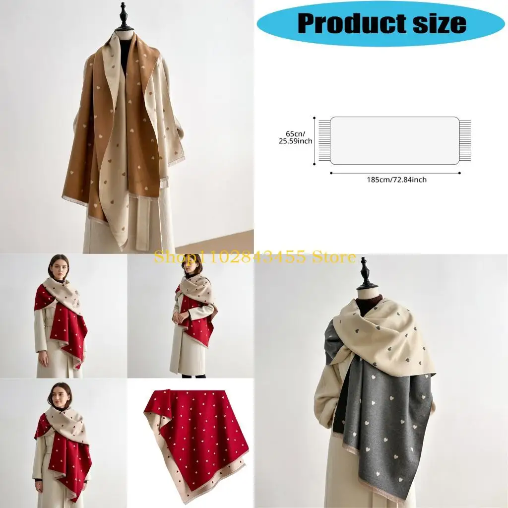 

49MC Oversized Long Scarf Double Side Heart Pattern Shawl For Women Multiple Occasion