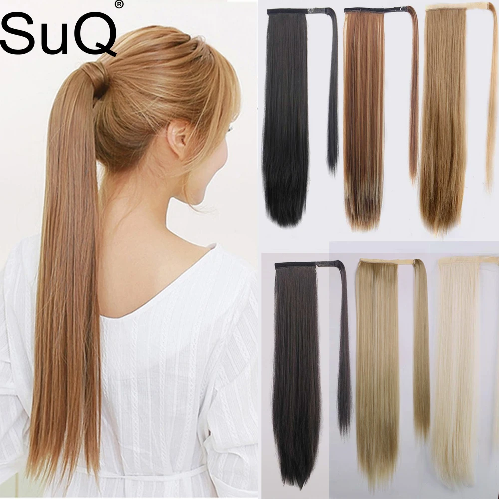 SuQ Synthetic Ponytai 24inch Long Straight Ponytail Wrap Around Ponytail Clip in Hair With Hairpins High Temperature