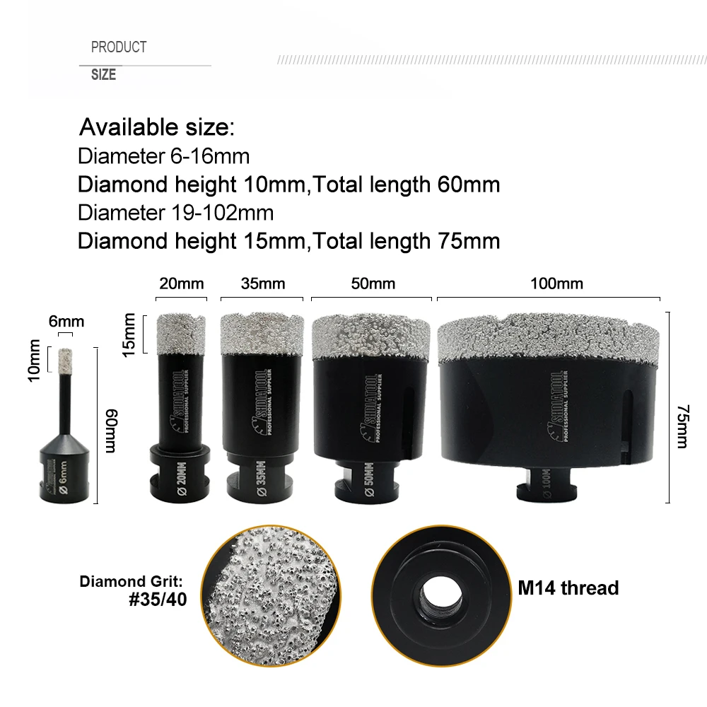 SHDIATOOL Dia6-100 mm Diamantbohrer, 1 Stück, vakuumgelöteter Marmor, Keramikfliesenbohrer, M14, Granit, Lochsägenöffner – Detail 3