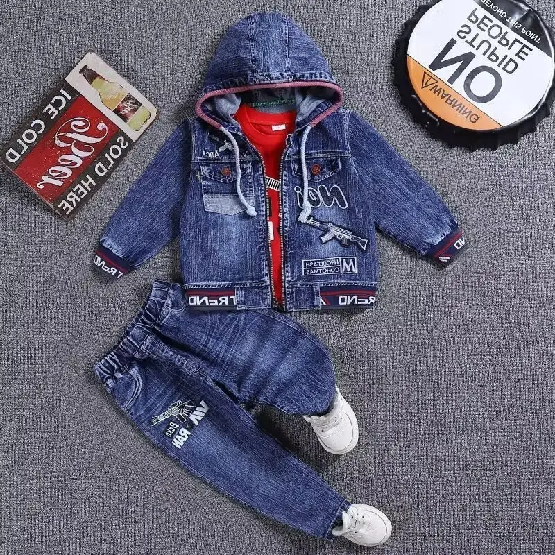 2025 Girl Spring Autumn Children Boy 2PCS Clothing Set Cotton Hoodied Denim Coat +Solid Jeans Pants Baby Boys Outfits