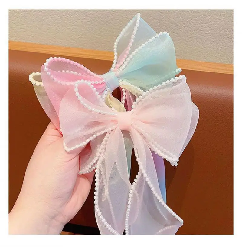 Pearl Organza Bow Tie Ribbon Hair Clip For Children Sweet New Style Braided Hair Versatile Ribbons Super Fairy Duckbill Clip