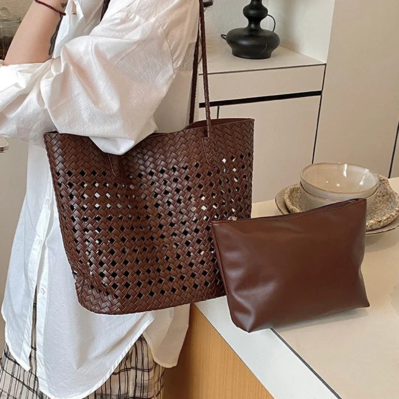 Rattan-Geflochtene Hohle Schultertasche mit Passender Geldbörse, Sommer-Shopper für Markt, Strand und Pendeln, Leichte Handtasche mit Offener Webung – Detail 10