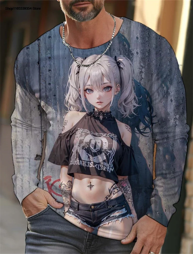 Trendy Anime Girl Graphic T Shirts Fashion Autumn Streetwear Hip Hop 3D Printed Long Sleeve T-shirts Cool Oversized Unisex Tees