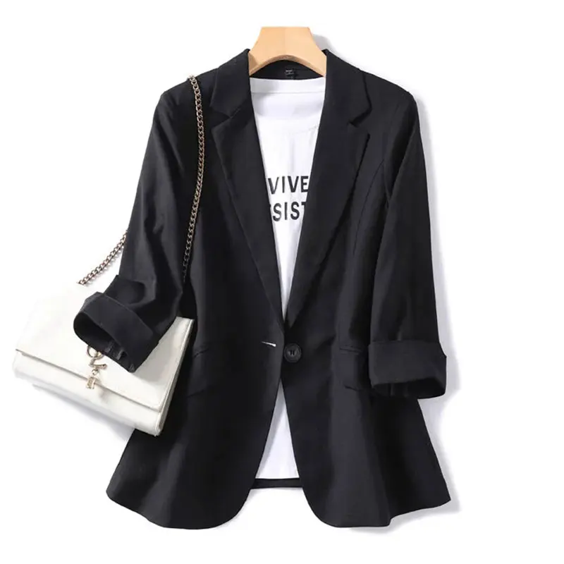 Three Quarter Sleeve Solid Casual Turn-Down Collar Single Button Women\'s Jacket Suit Blazer Short Jackets Coat Women Clothing