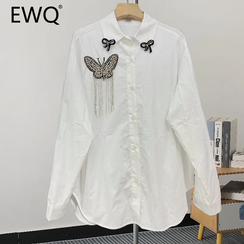 EWQ Fashion Bow Diamond Spliced Shirt For Women Versatile Lapel Collar Long Sleeve Loose Casual Clothing 2024 New 27X713