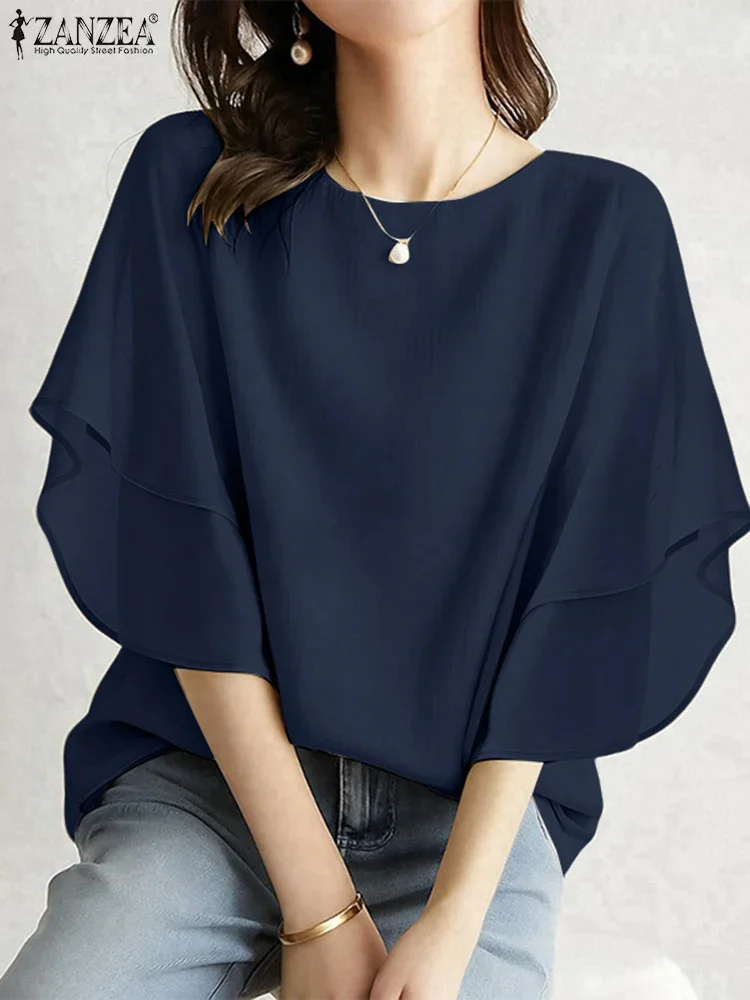 ZANZEA カジュアル Oネックブラウス レディース ワーク OL トップス 七分袖 エレガントブラウス 2025 ファッション 無地 ルーズチュニック オーバーサイズ
