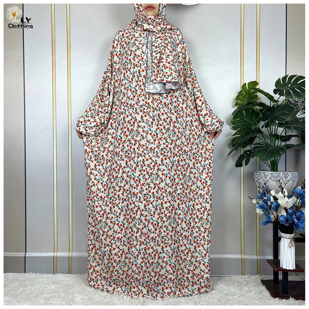 New African Abaya Long Sleeved Cotton Muslim For Women Ramadan Prayer Turkey Middle East Femme Robe Floral Loose Dress Headscarf