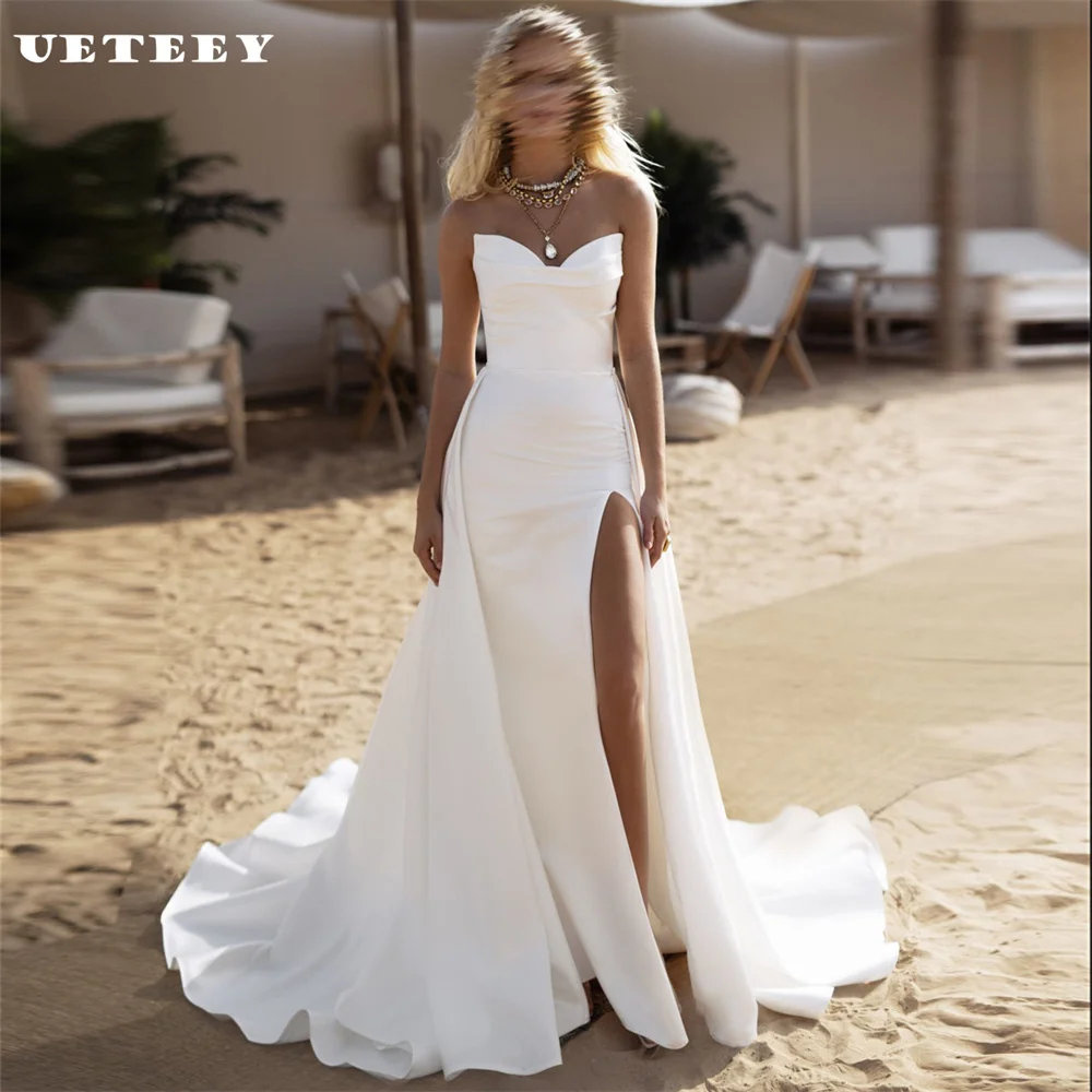 UETEEY Customized Detachable Off Shoulder Pleats Crepe Mermaid Wedding Dress Zipper Slit Back Detachable Court Train Bridal Gown