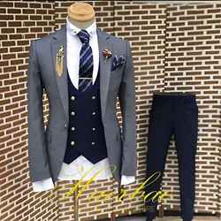 Erkek takım elbise iş ceket koyu gri ceket lacivert yelek pantolon 3-Piece Set Slim Fit düğün smokin erkekler için