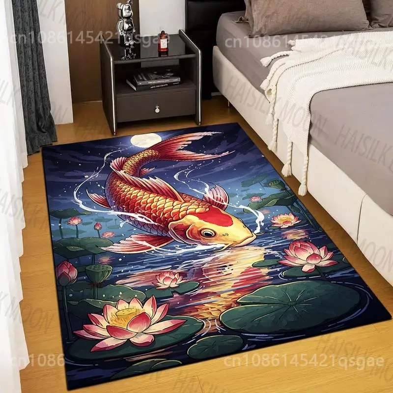 Multiple sizes Koi under moonlight water lilies Carpet for Living Room Bedroom Home Decor Rug Non-slip Floor Mat Luxury Gift