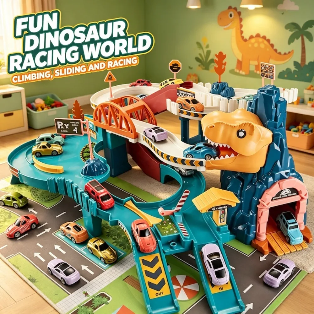 Electric Dinosaur Race Track Car City High Way Service Station Car Route Switching Toy with Elevator Assembly Building Car Track