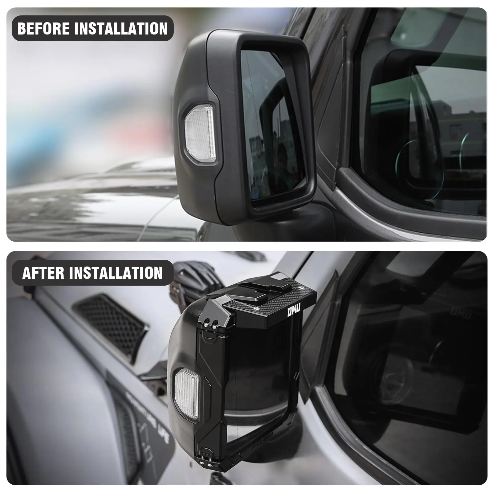 OMU 4x4 الألومنيوم مرآة الرؤية الخلفية المطر درع الإطار ل 2018-2024 جيب رانجلر JL و 2020-2024 جيب المصارع JT الترقية الخارجية #3