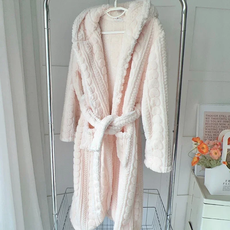 2023 Winter Long Sleeve Hooded Thick Warm Flannel Kimono Robes for Women Coral Velvet Bathrobes Sleepwear Nightdress Night Dress