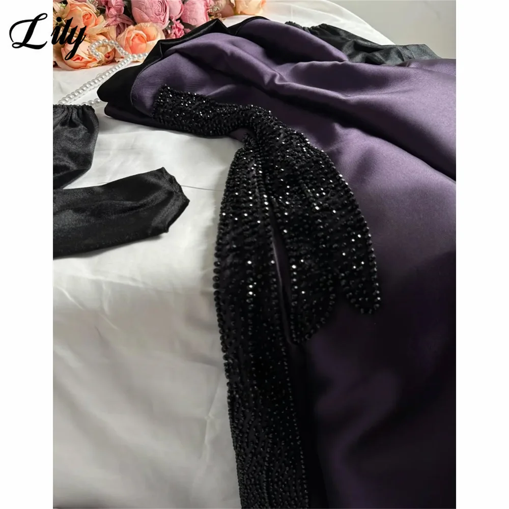 Lily Dark Purple Formal Gown Satin Strapless Sleeveless Prom Dresses with Black Embellishments فساتين مناسبة رسمية Customized