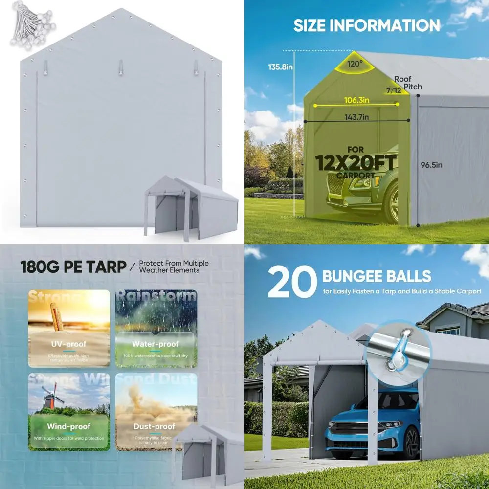 

Серый сменный навес для автомобиля 12x20 футов с брезентом на молнии и шариковыми банджинами, панель доступа для наружного укрытия