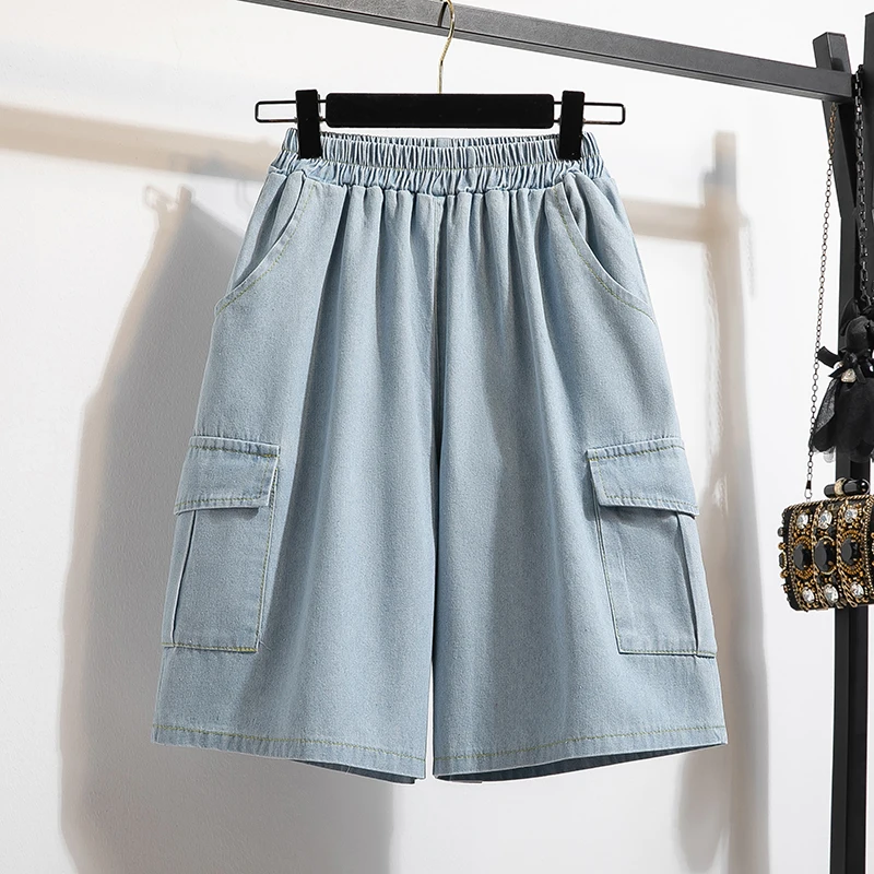 Plus size cintura alta solto ajuste cinco Polegada orts feminino verão fino denim plus size calças de perna larga corte reto calças de algodão