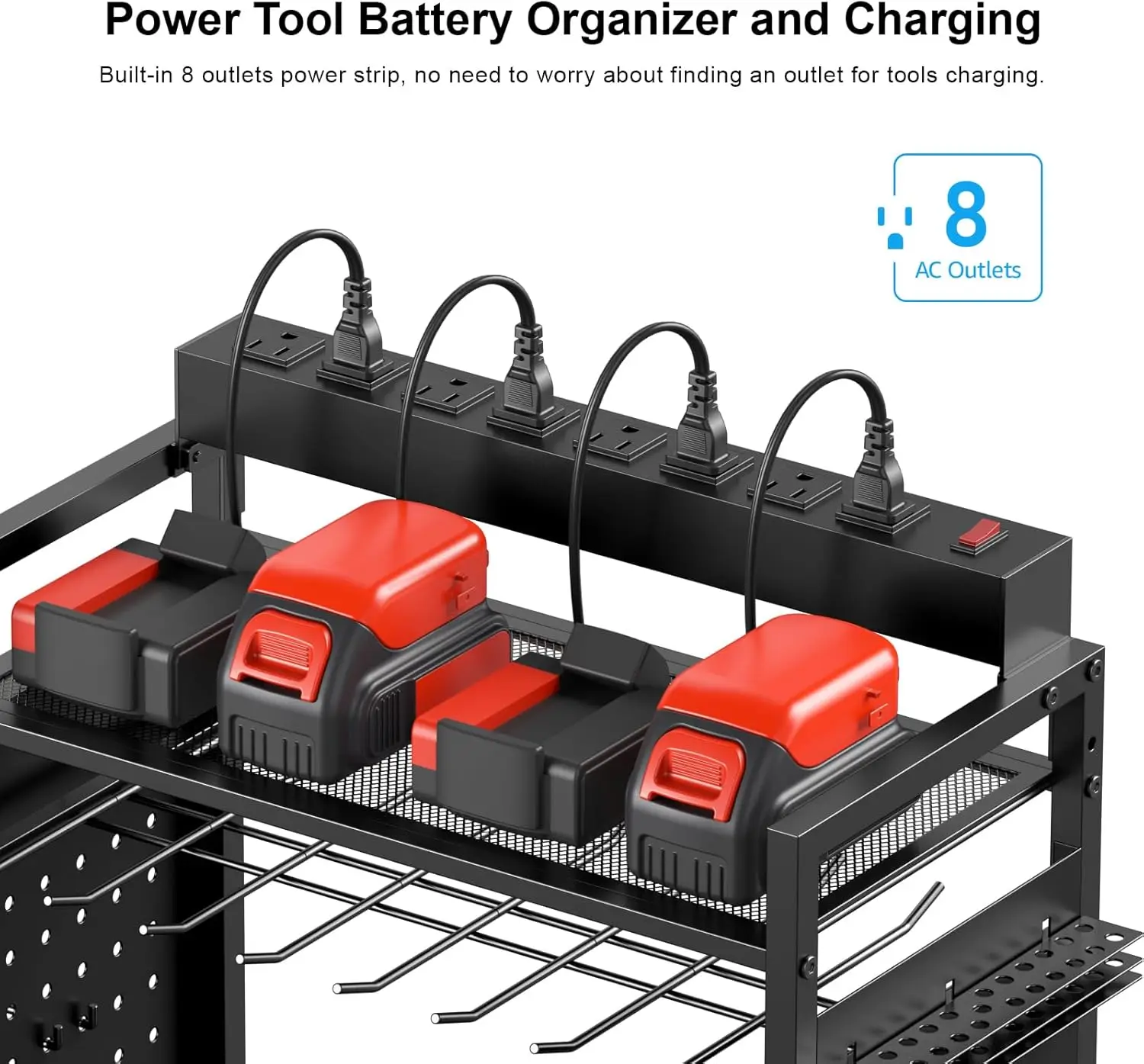 Cccei Garage Power Tools Organizer Cart With Charging Station, Black Floor Standing Rolling Drill And Tools Battery Storage