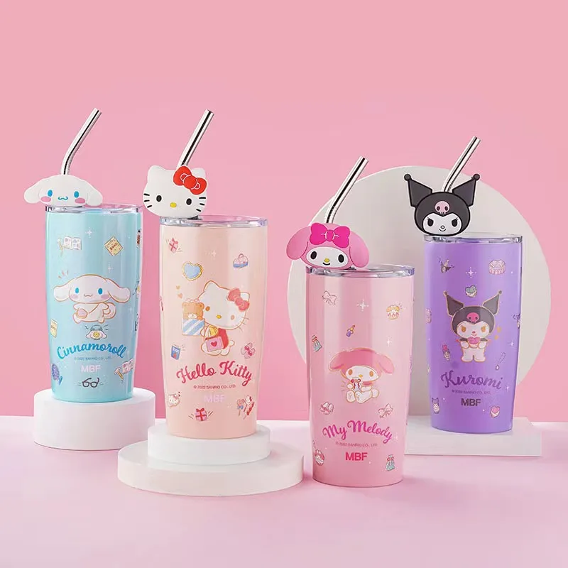 

Hello Kitty Cinnamoroll Anime Kawaii Sanrio Straw Coffee Thermos Cup Cute Kuromi My Melody Cartoon 600Ml Bottle Gifts for Girls