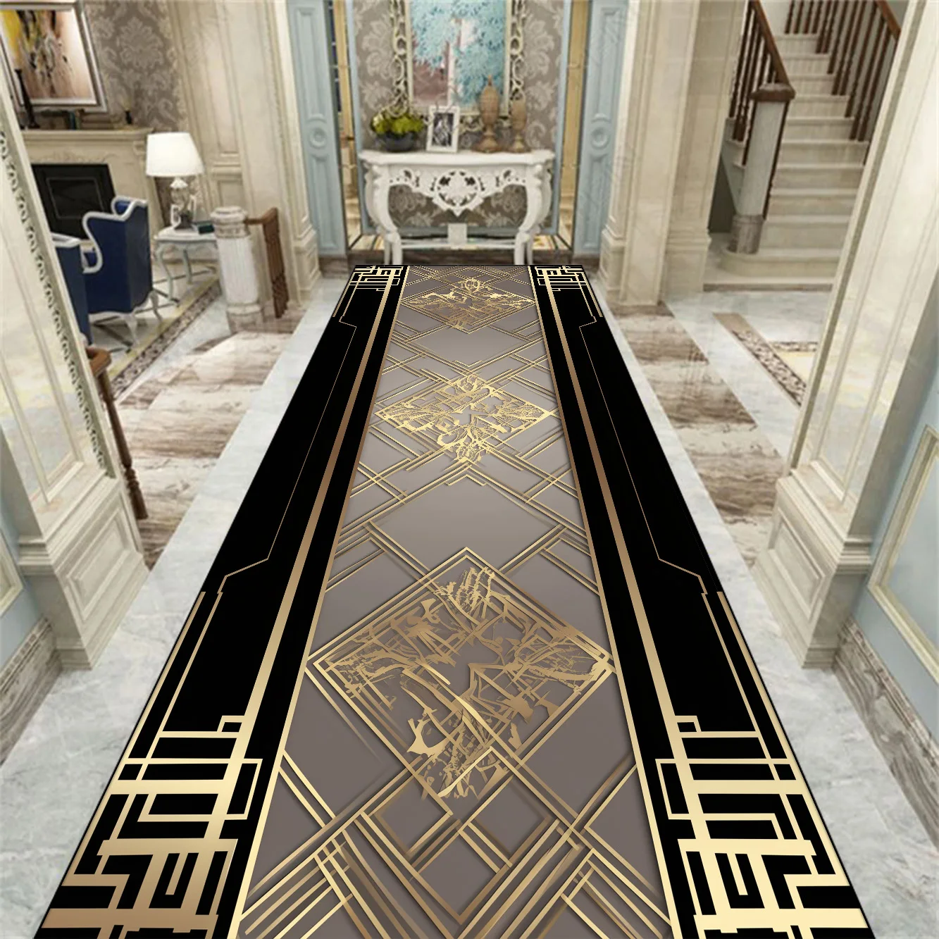 

Luxury Black Gold Long Corridor Carpet Non-slip Washable Hall Runner Carpets Stairway Hallway Stairs Home Decor Corridor Aisle