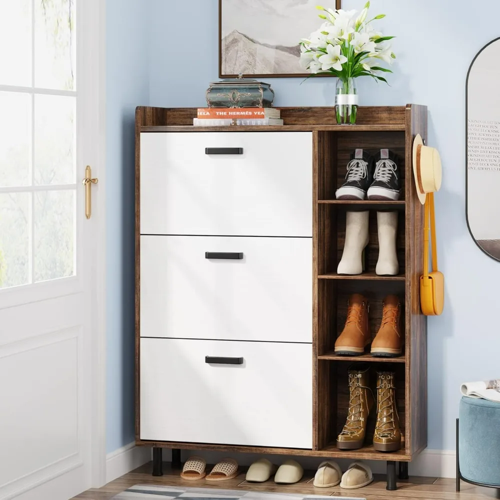 Flip drawer shoe storage cabinet, used for entrance passage and living room, with 3 flip drawers and 5 shelves