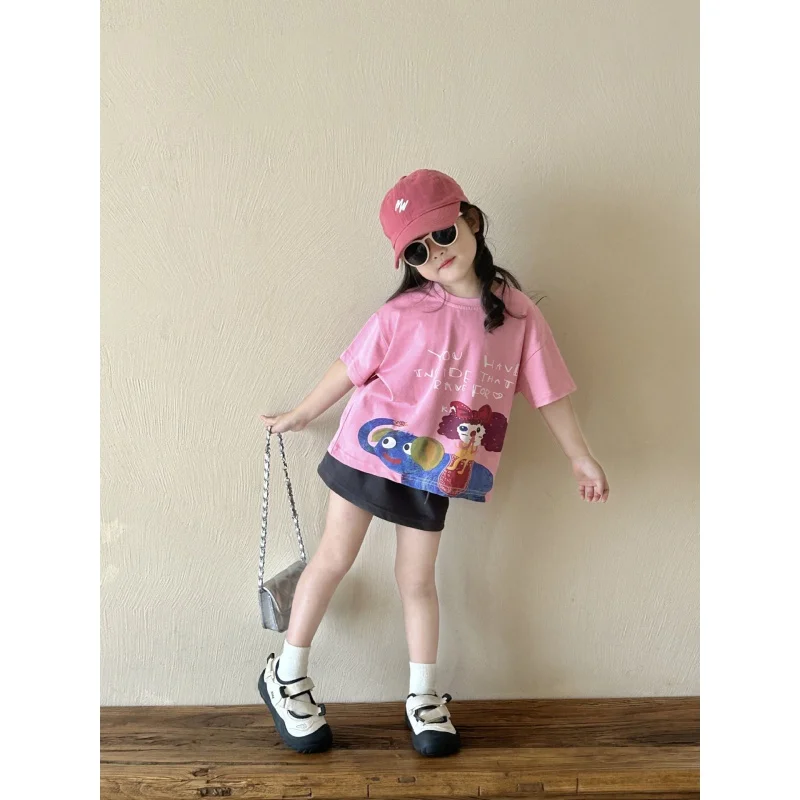 GirlsTT shirt2024Summer New Children's Short-Sleeved Bottoming Shirt Children2-7Fashionable Printed Top