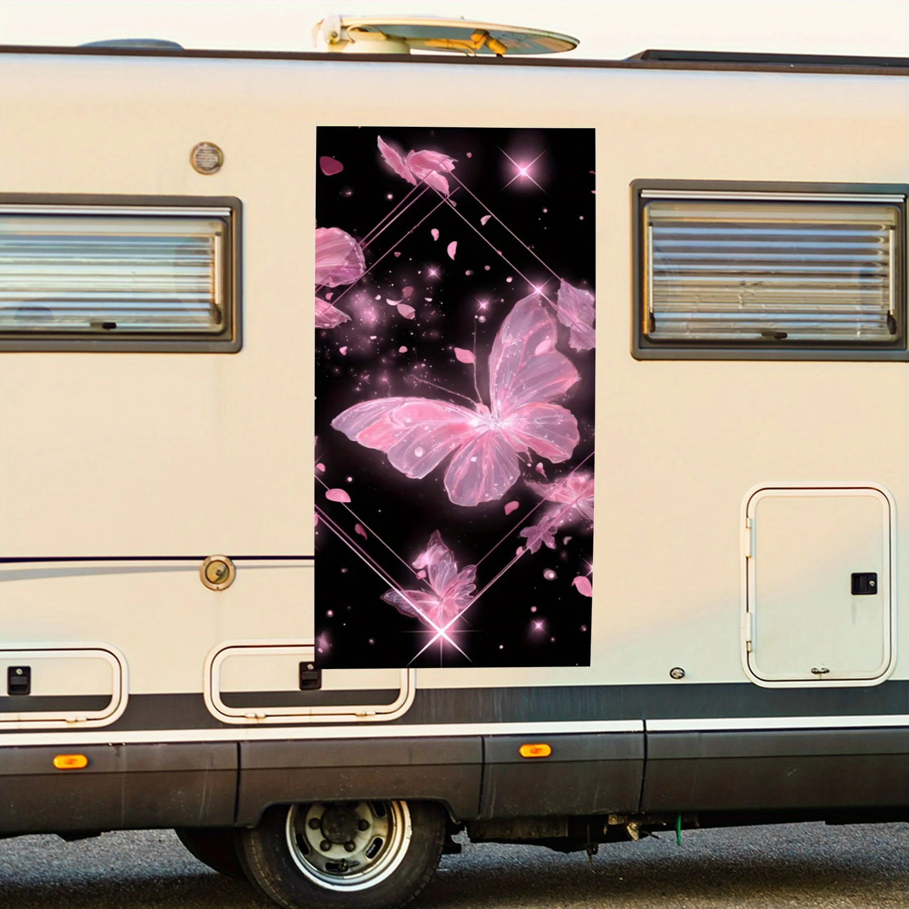 

Romantic Pink Butterfly with Starry Diamond,Waterproof Vinyl Decal for RV Side, Self - Adhesive Stickers to Decorate & Protect R