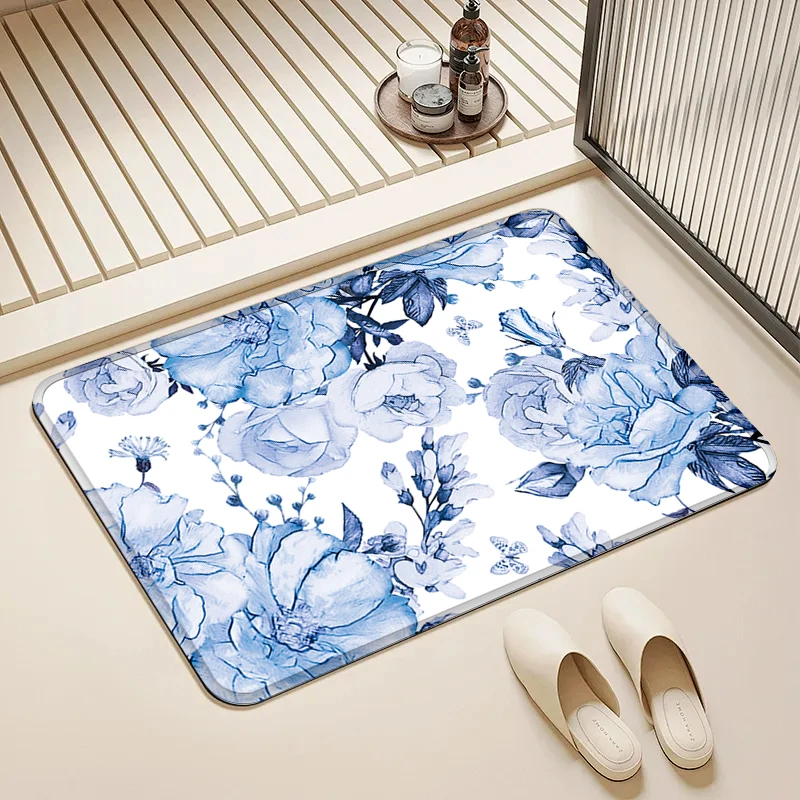 

Blue Watercolor Flower Doormat Non-Slip Floor Mat Home Entrance Door Rug Floral Decor Kitchen Bathroom Supplies