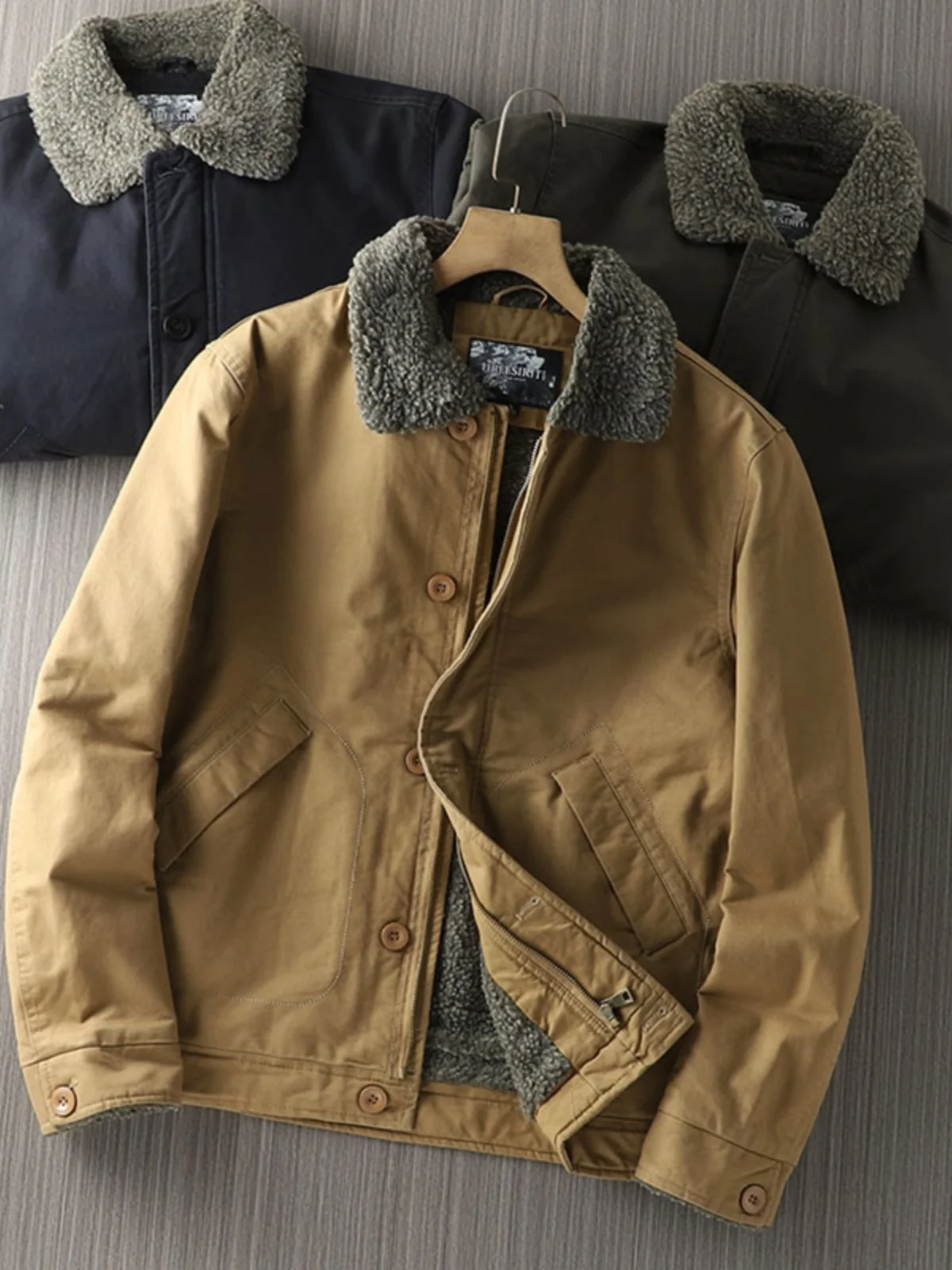 

American Retro Thiened Men's Lamb Velvet Fce Lined Warm Collar Cotton Jaet Casual Workwear Outerwear Winter Coat