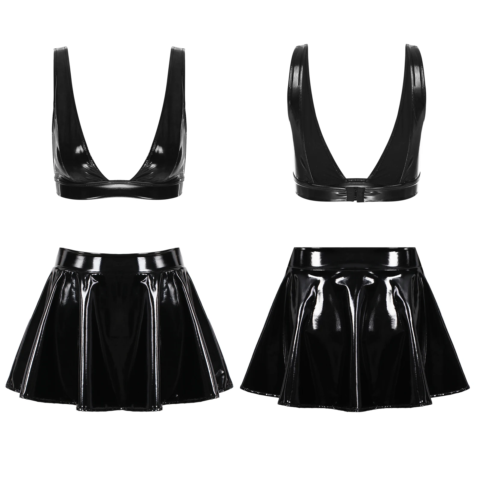 

Womens Wet Look Patent Leather Clubwear Wide Shoulder Straps Bra Top A-Line Zipper Skirt Sexy Lingerie Set