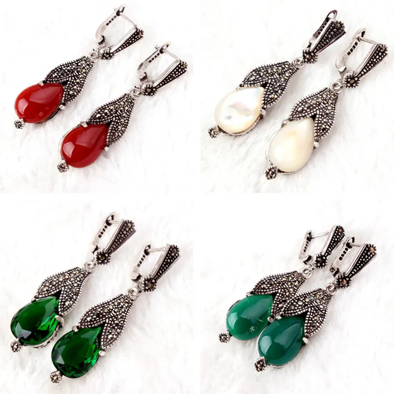 Drop Stone Beads Tibetan Silver Handmade Mosaic Noble Fashion Style Earring Pendant Ring Free shipping