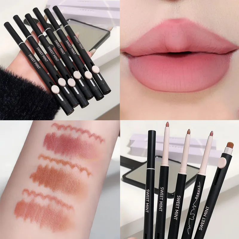 Double-headed Nude Lipstick Pen with Brush Waterproof Lasting Contouring Red Matte Lip Liner Pencil Korean Lips Makeup Cosmetic