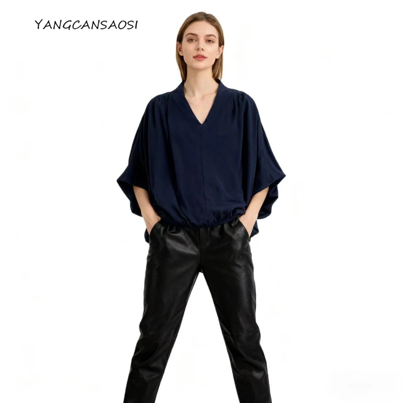 

Women's Fashion Clothing 100% Natural Mulberry Silk Crepe De Chine Navy Blue Batwing Half Sleeve Loose V-neck Casual T-shirt