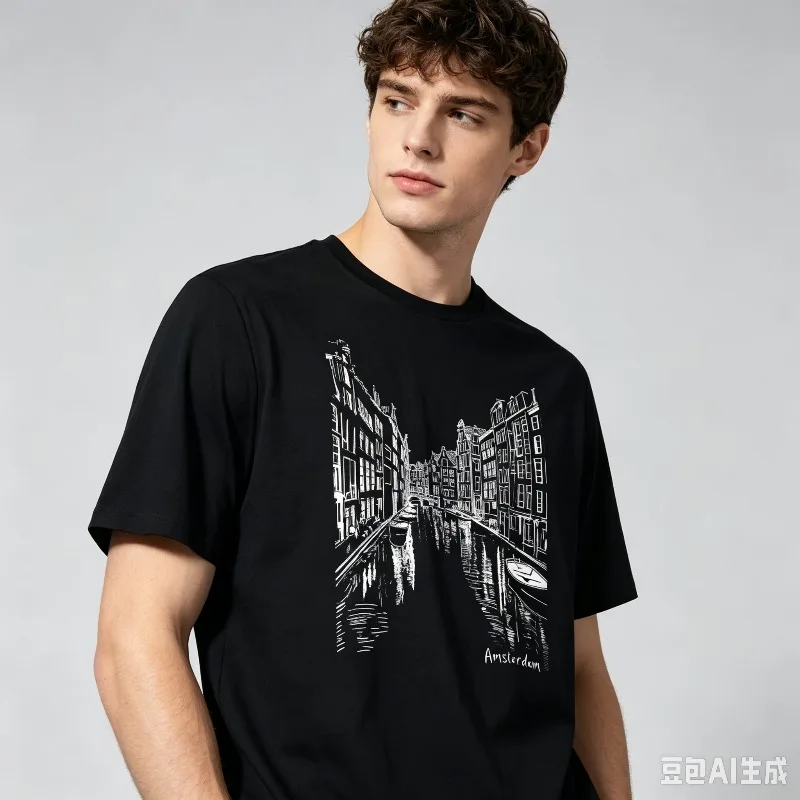 Amsterdam Canal City Skyline Graphic T-Shirt Modal Soft Crewneck Netherlands Travel Front Print Tee