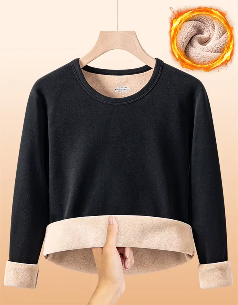 Herren Langarm-T-Shirt, Fleece-gefüttert, Verdickter Samt, Warm, Rundhals, Einfarbig, Dehnbares Basis-Shirt, Lässiges Winter-T-Shirt 6XL – Detail 3